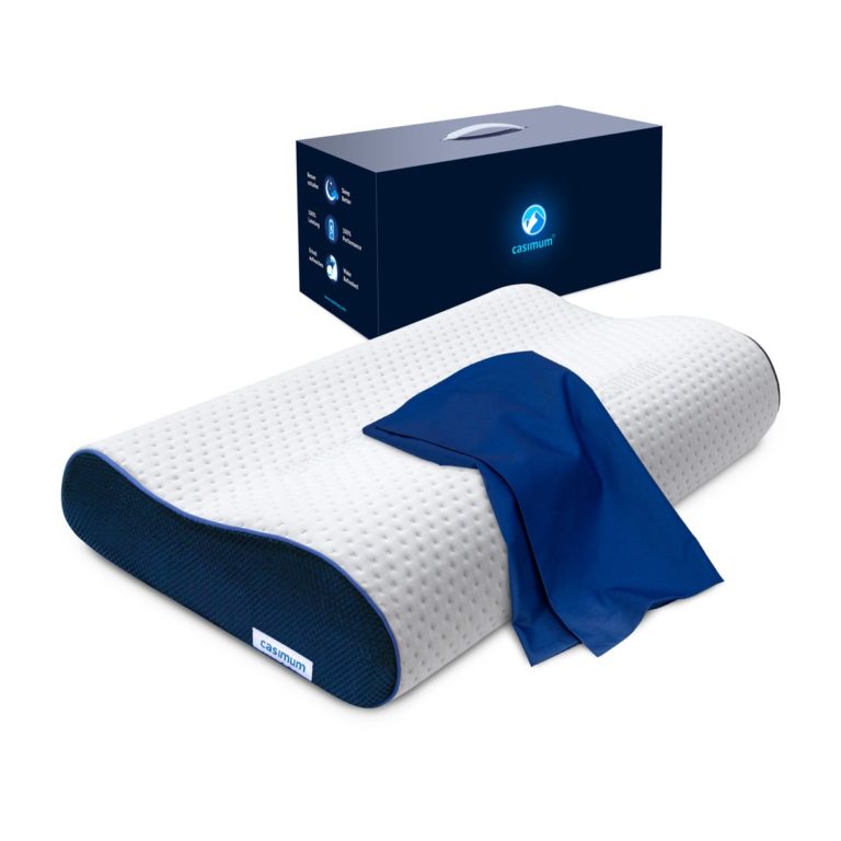 Diese Grafik veranschaulicht casimum® orthopädisches Nackenkissen aus Memory Foam mit ergonomischer Welle und blauem Kissenbezug sowie Geschenkbox