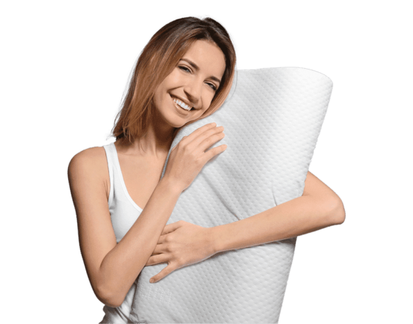 Dieses Bild veranschaulicht eine junge, lächelnde Frau mit einem casimum® Nackenkissen im Arm.