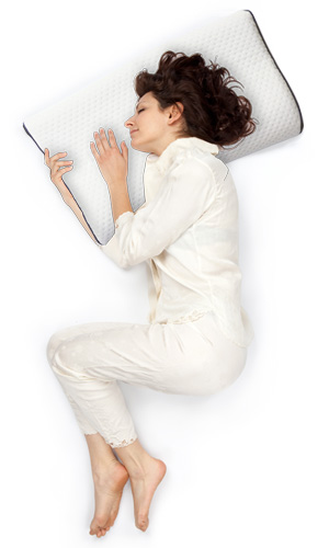 Diese Grafik veranschaulicht eine junge Frau in der Schlafposition der Seitenlage auf einem Nackenkissen